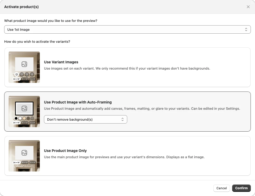 Activate products dialog: choose the product image and how variants are activated, with auto-framing selected