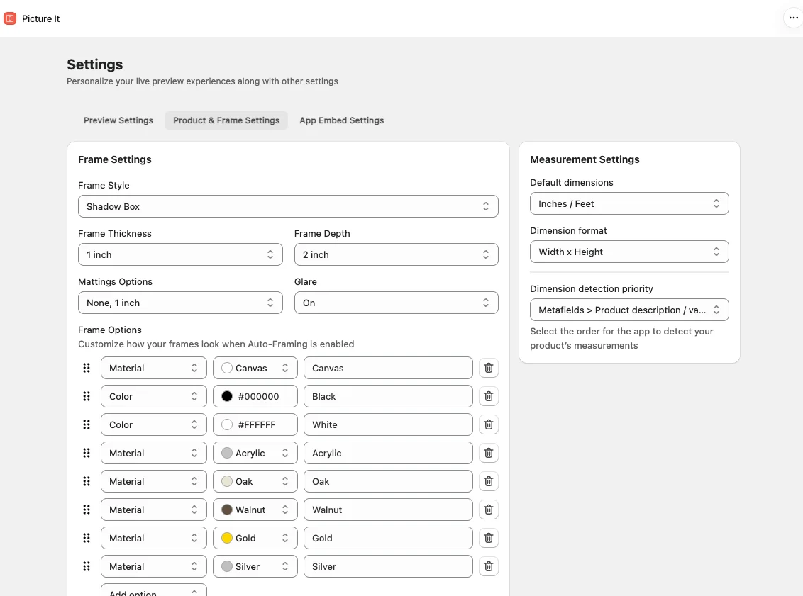 Picture It frame settings in Shopify admin: style, thickness, depth, matting and a list of frame materials and colors