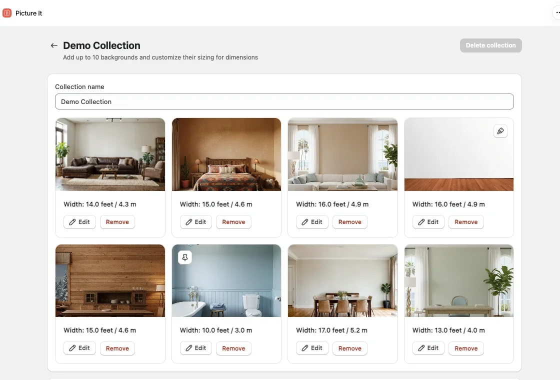 Picture It room mockups in Shopify admin: a collection of eight room backgrounds with wall widths