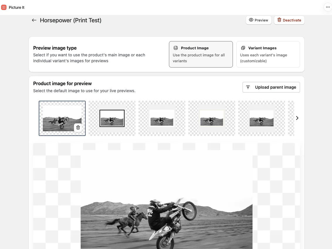 Picture It product setup in Shopify admin: preview image type, product image with background removed, auto-framing, mockup collection and variant dimensions