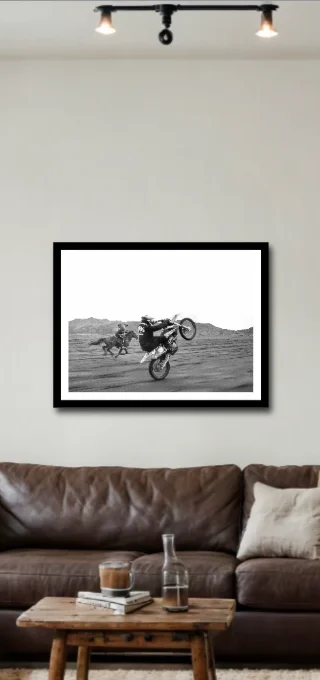 Phone camera view: the framed print placed on a living room wall in AR