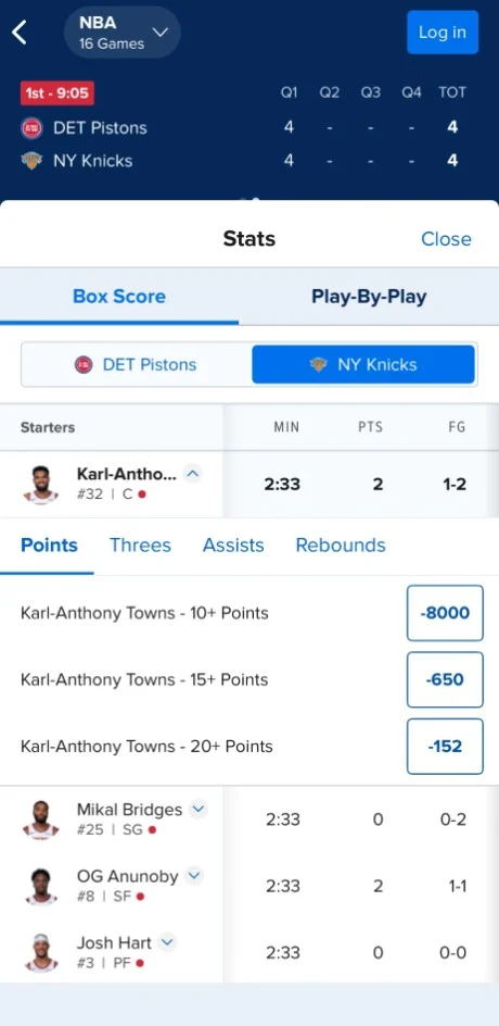 FanDuel stats overlay, box score tab: starters with points markets inline