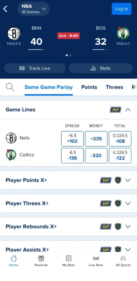 FanDuel game page: Nets at Celtics live score, Track Live and Stats buttons, same game parlay markets