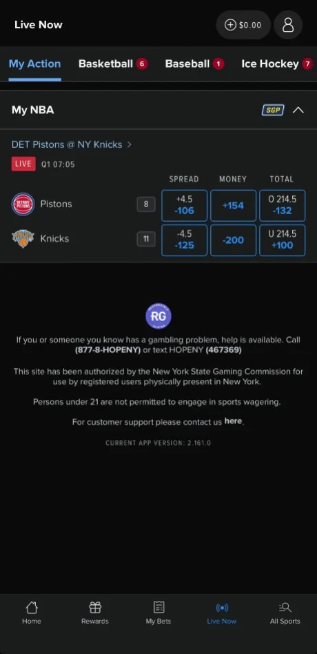 FanDuel Live Now, My Action tab: the games you have bets on, with live score and markets