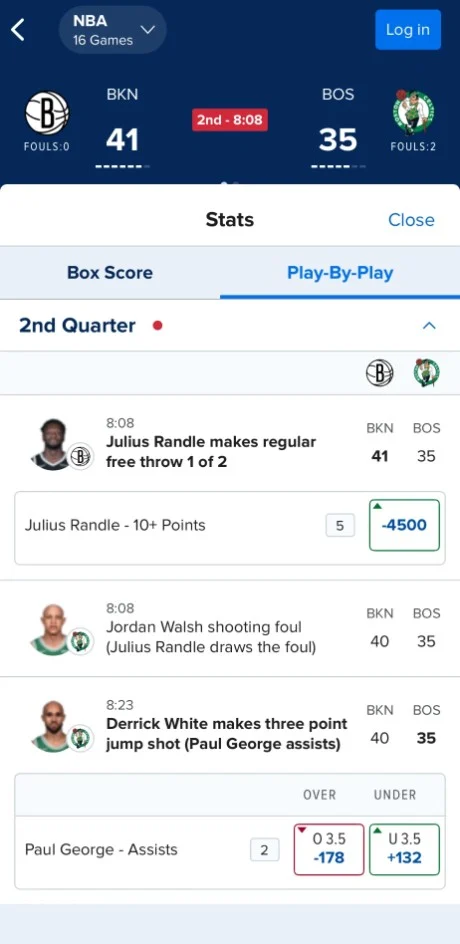 FanDuel stats overlay, play-by-play tab: each play with a related bet