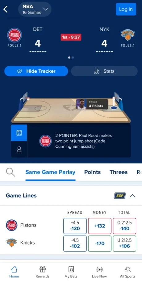 FanDuel Track Live: animated court with the last play