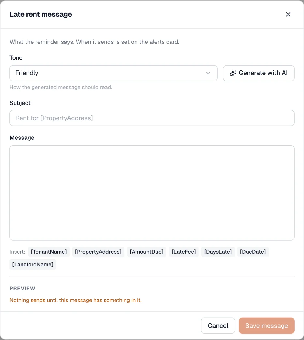 Late rent message editor with tone selection and Generate with AI