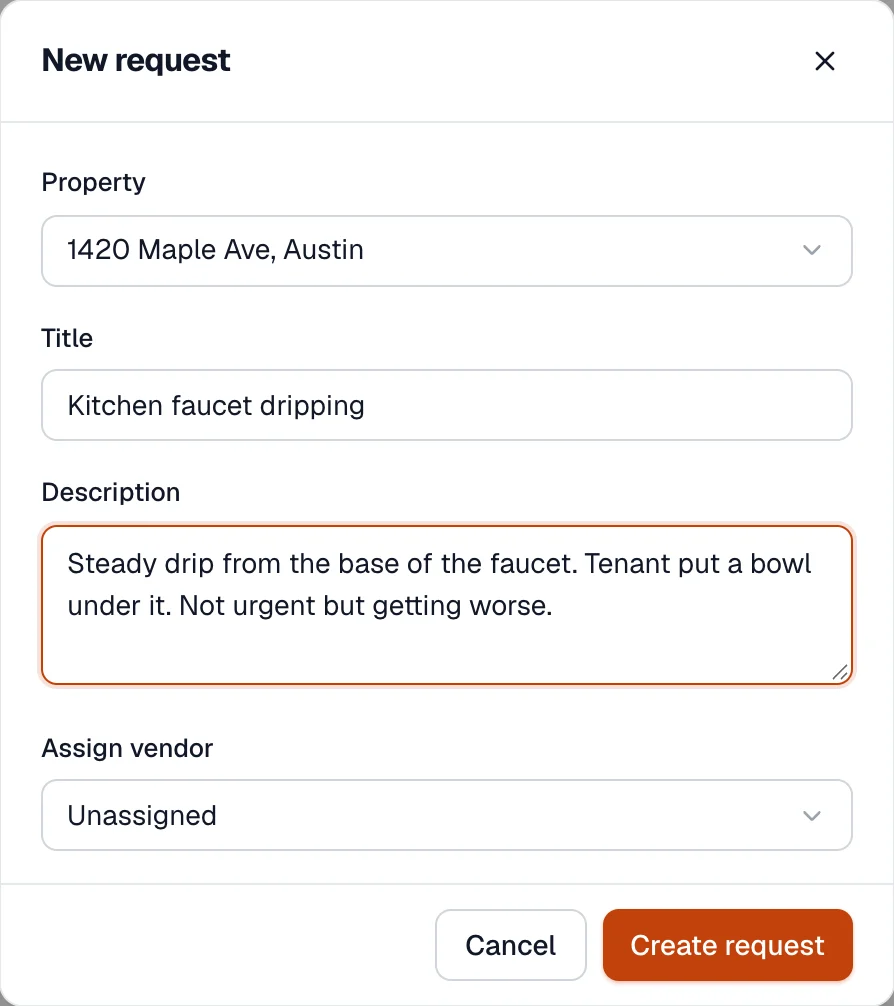 New maintenance request form with property, title, description and vendor