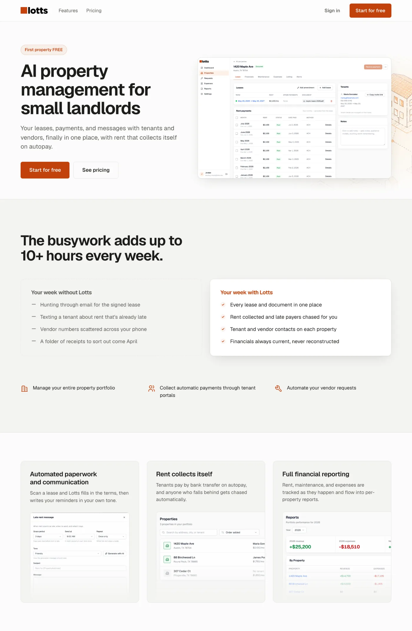 lotts.ai landing page: hero, busywork comparison and features bento