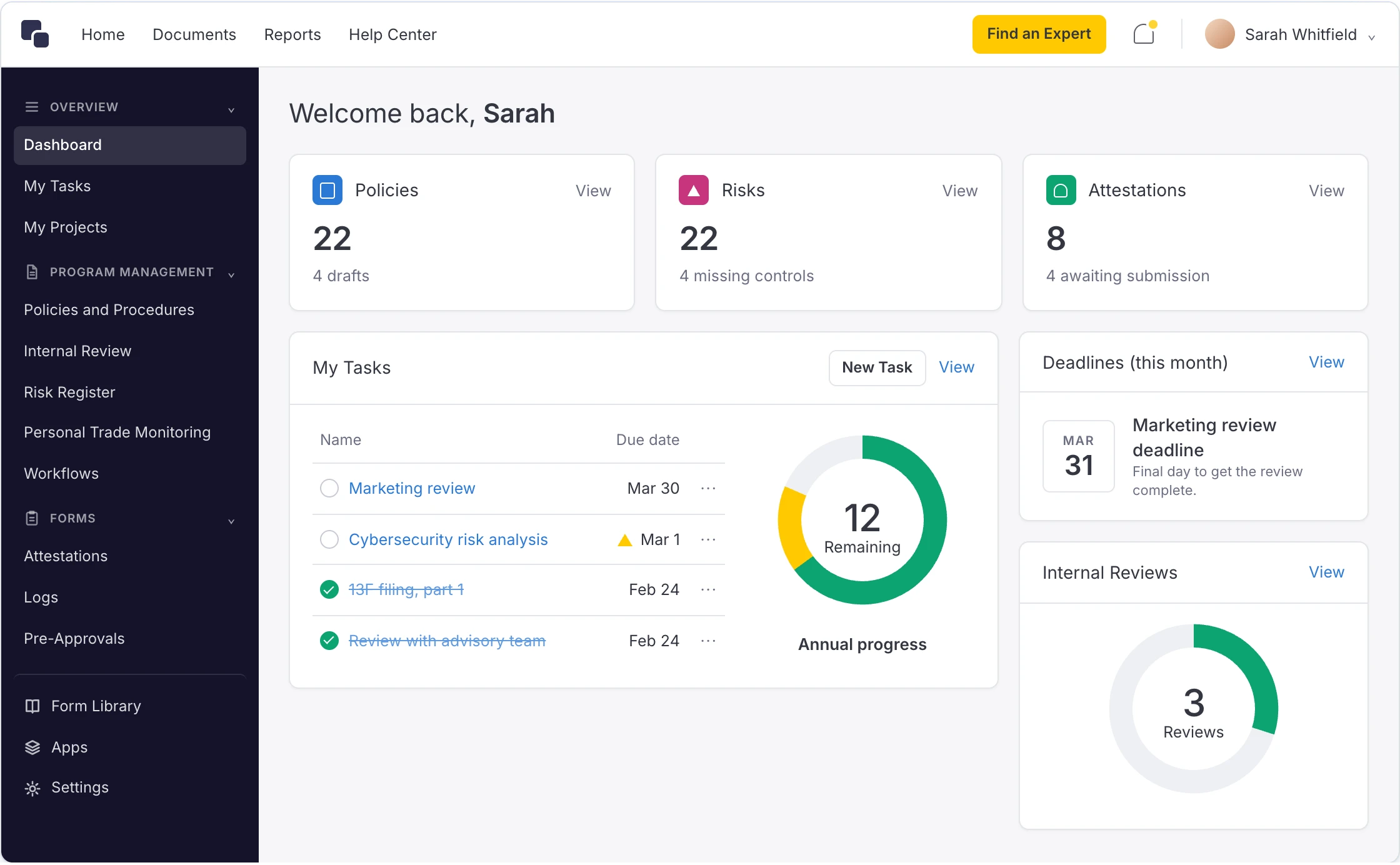 Complect dashboard: policies, risks and attestations, my tasks, deadlines and internal reviews