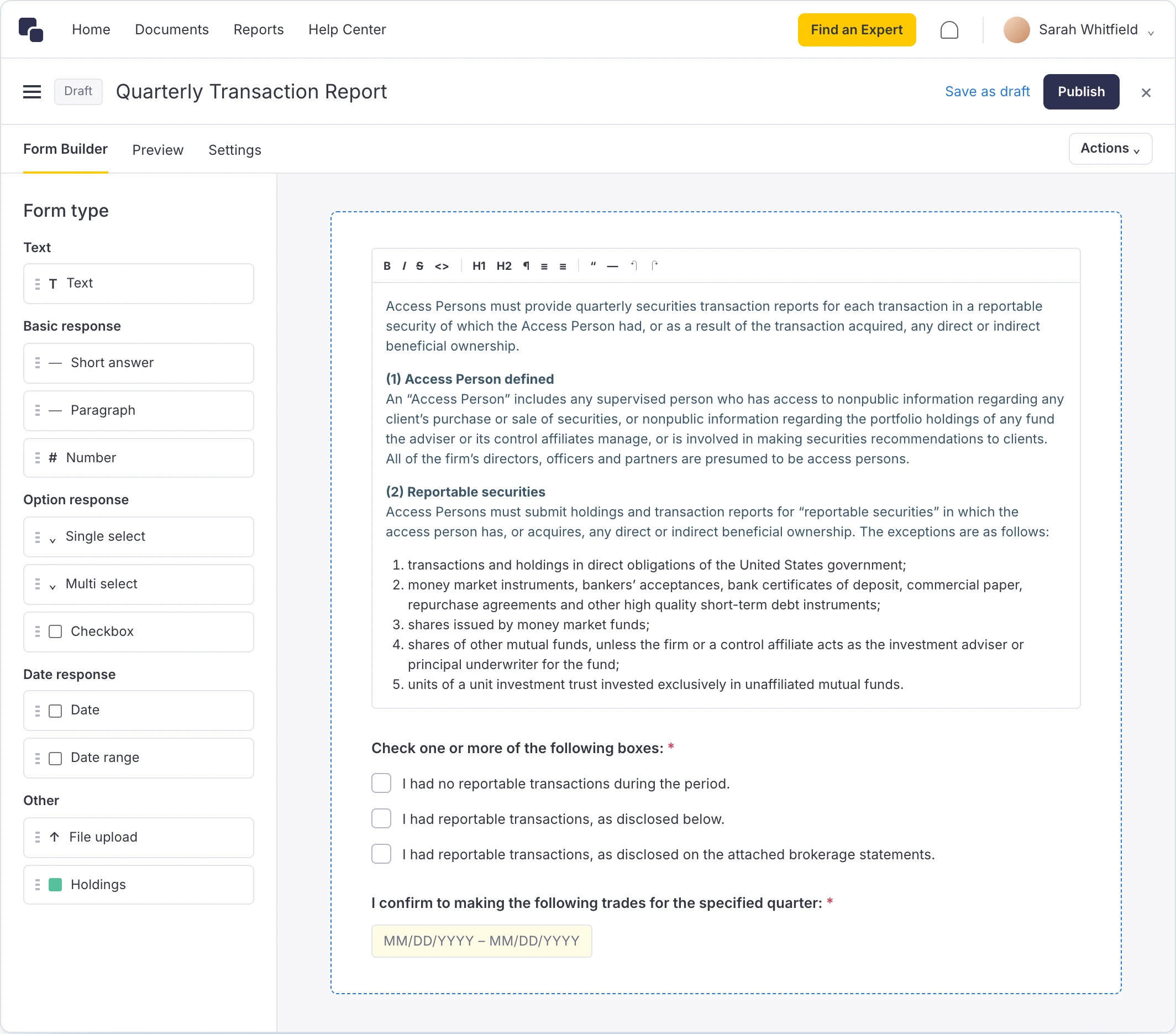 Complect form builder: quarterly transaction report with rich text rules and checkbox questions