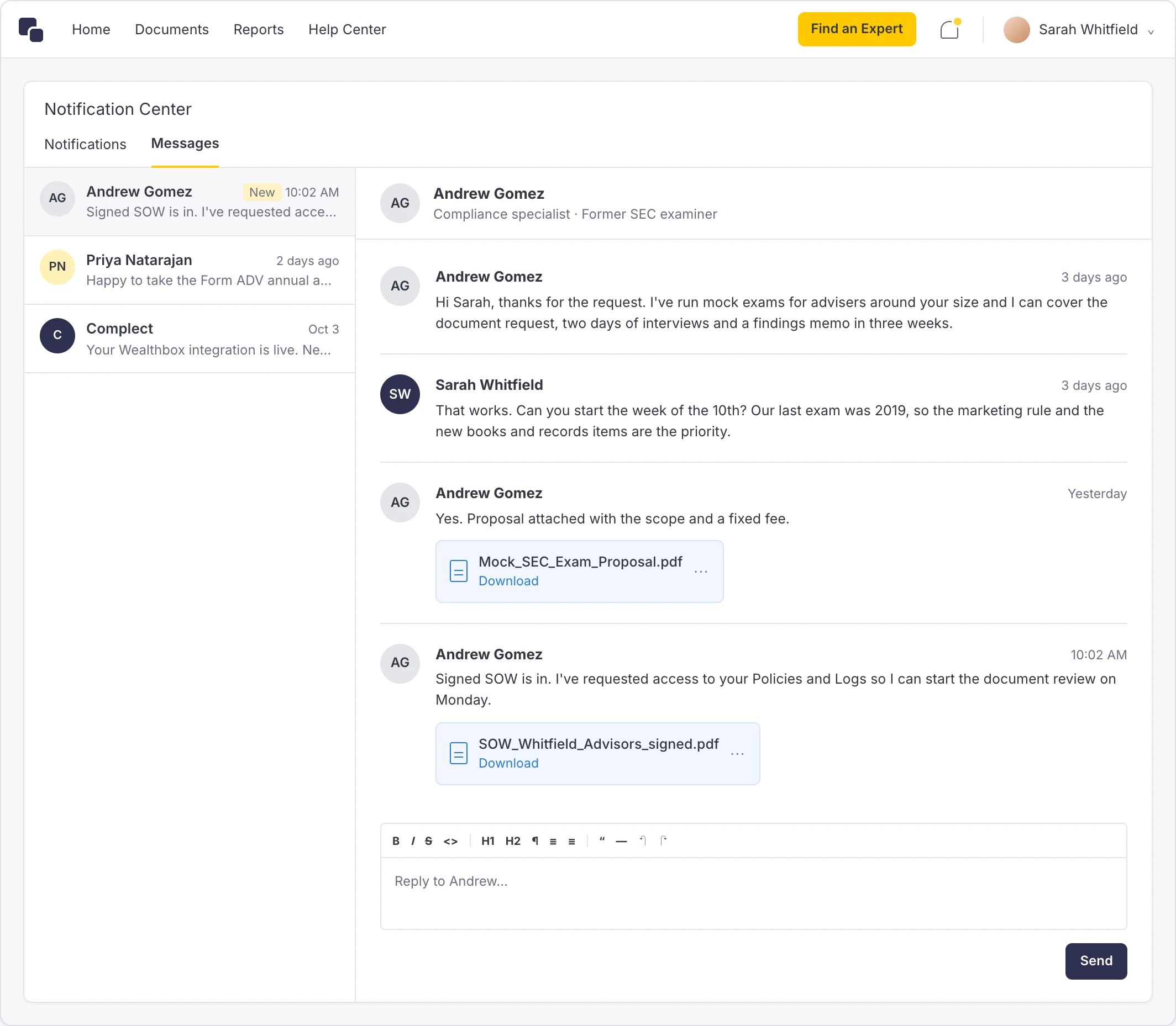 Complect notification center: messages with a compliance specialist, proposal and signed SOW attached