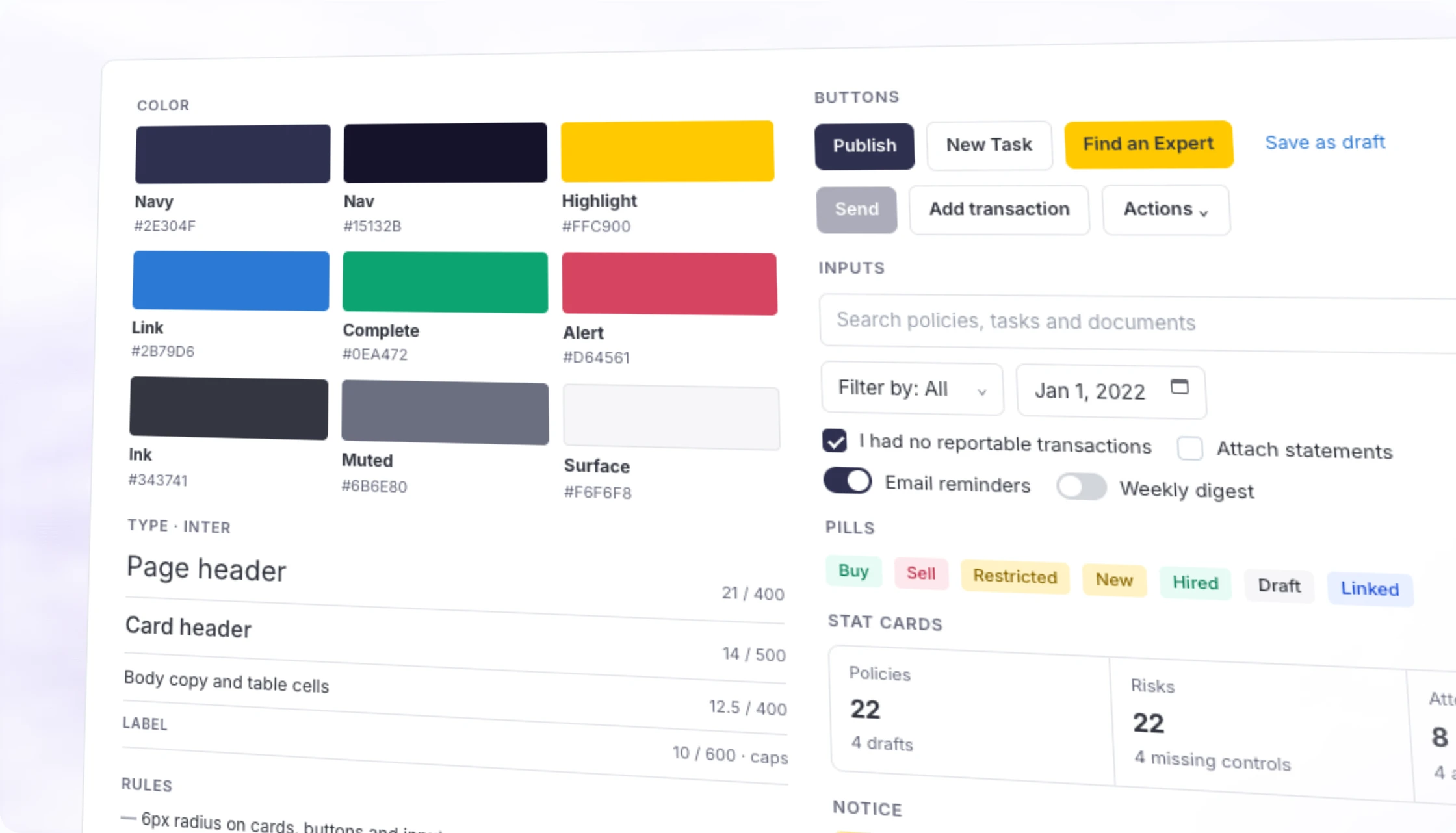 Complect design library: colors, type, buttons, inputs, pills, stat cards and navigation