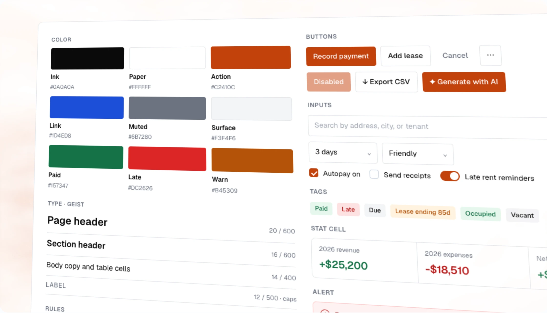 Lotts design library: colors, type, buttons, inputs, tags, stats and navigation