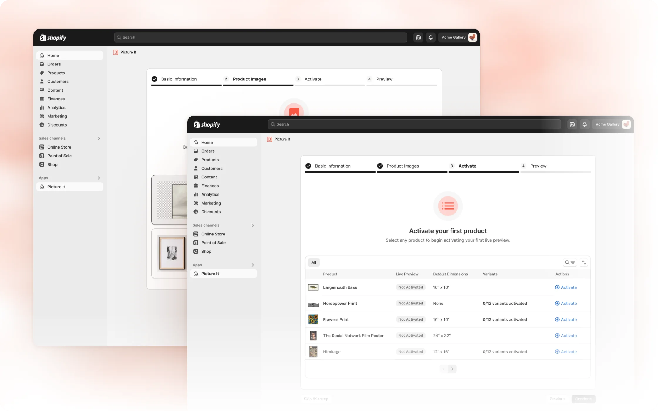 Picture It onboarding in Shopify admin: the Product images step, with the Activate your first product step in front of it