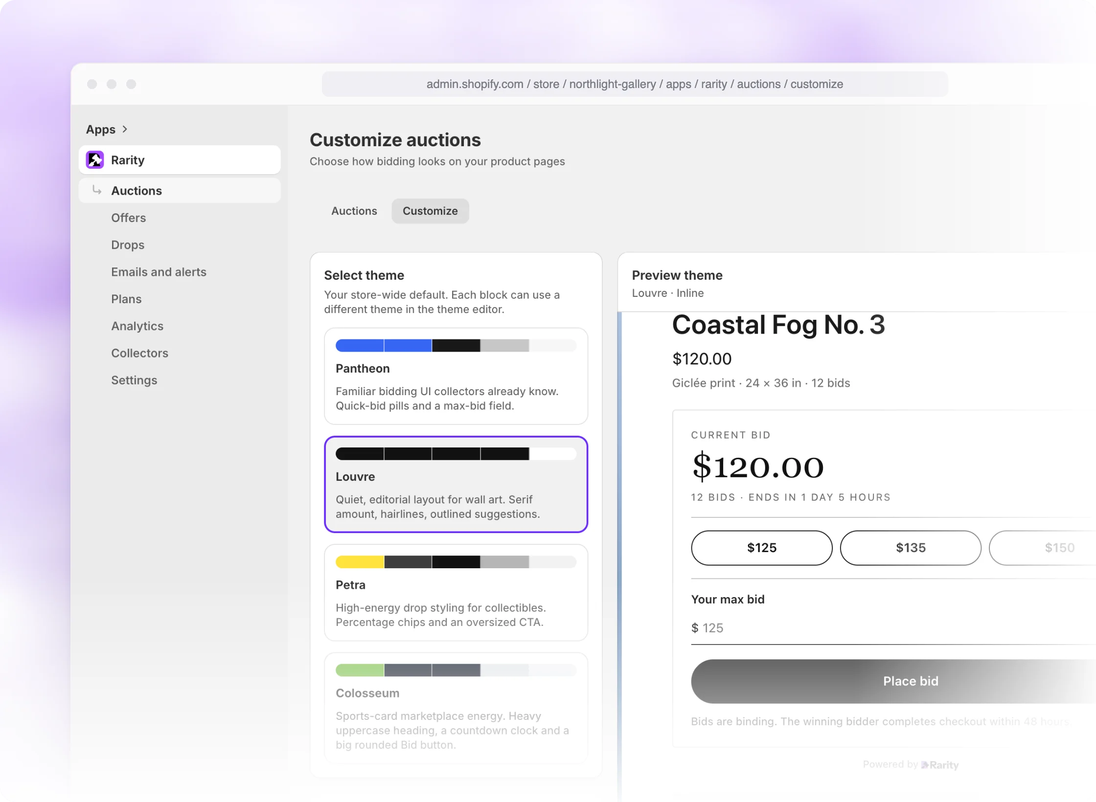 Rarity's Customize auctions page in Shopify admin: the theme picker with Pantheon, Louvre, Petra and Colosseum, beside a live preview of the Louvre bidding widget