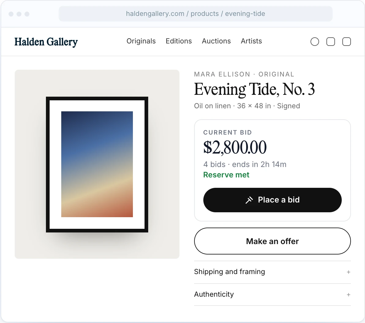 Gallery storefront product page with a Rarity auction block and Make an offer button