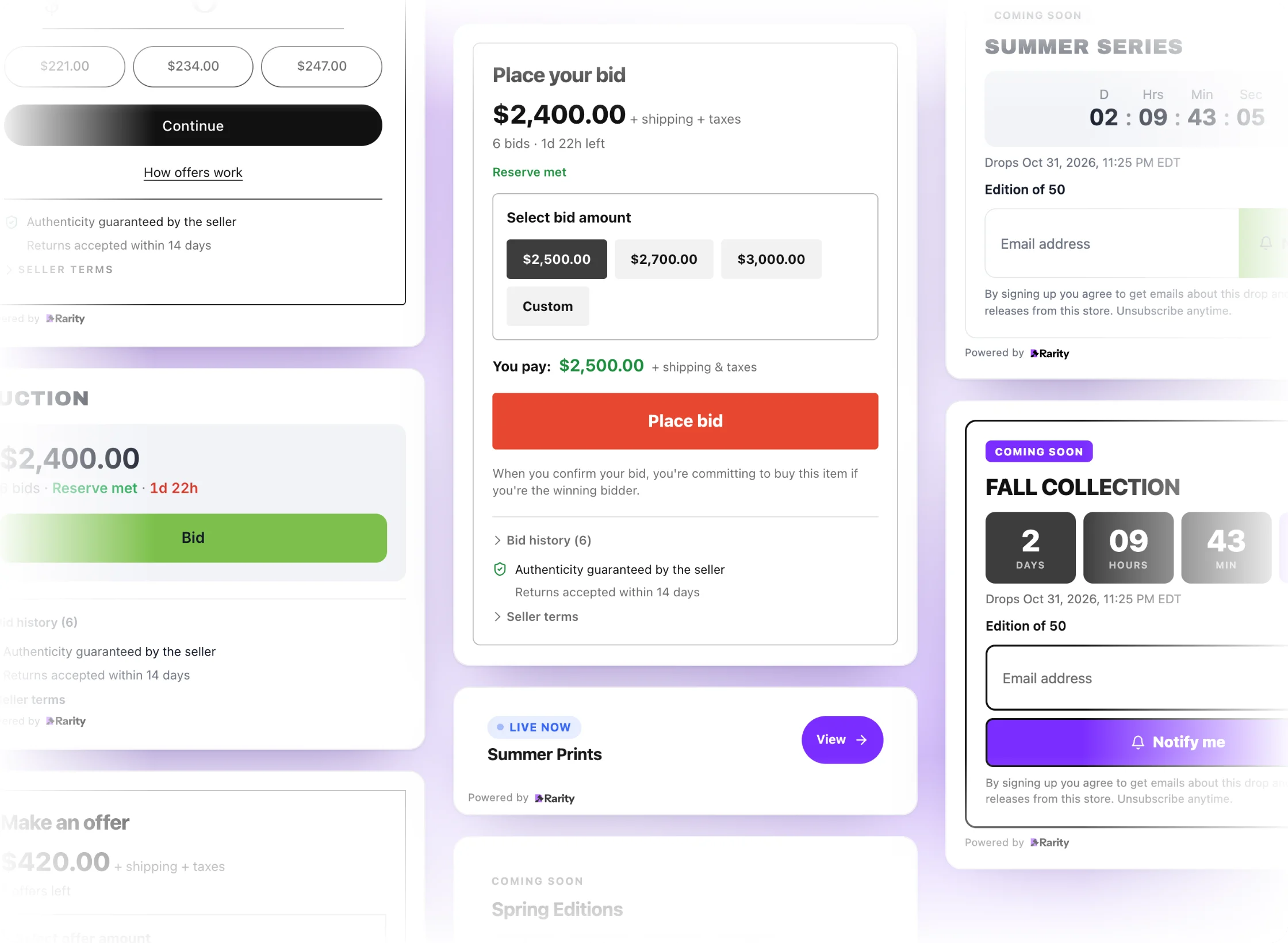 Rarity storefront widgets in different themes: an arena drop countdown and auction, a coral auction with branding hidden, a purple live drop, a gallery offer and a bold drop countdown