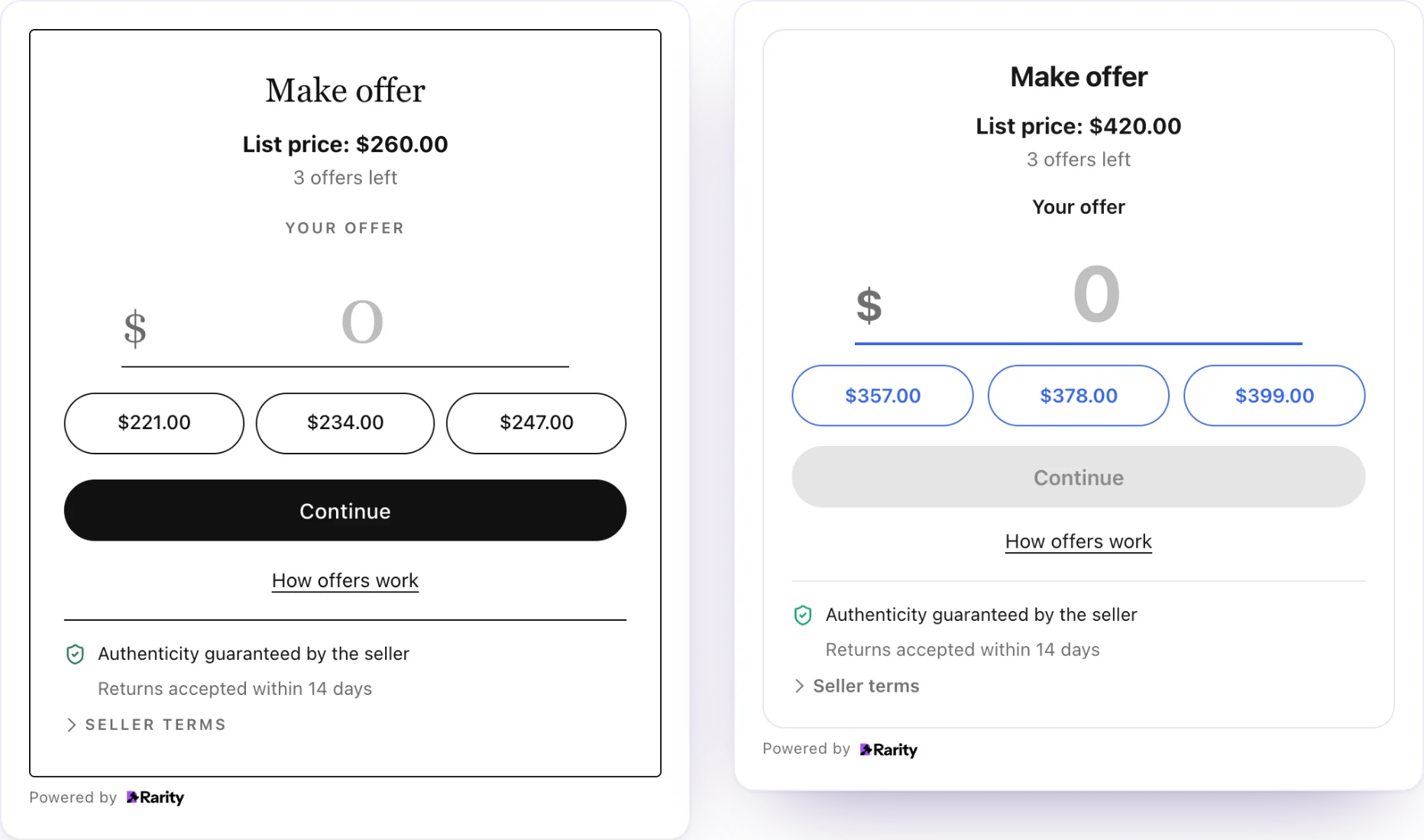 Two Make an offer widgets, gallery and marketplace themes, with list price, offers left, preset amounts and a custom offer field