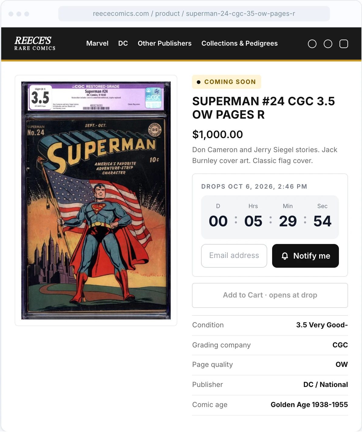 Reece's Rare Comics product page for Superman #24 with a Rarity drop countdown