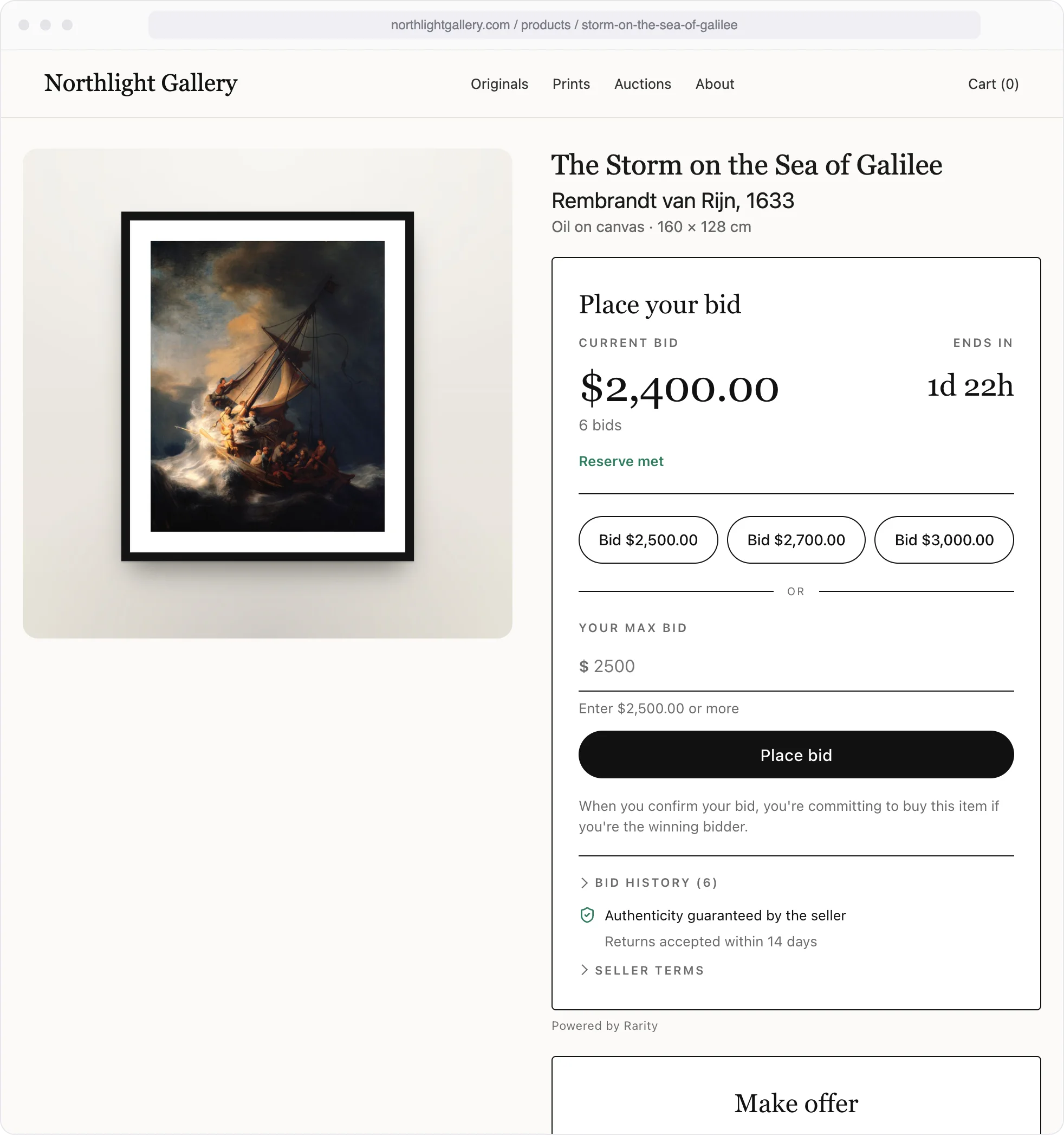 Gallery product page with the Rarity inline auction widget: current bid, countdown, reserve met, quick bids and max bid