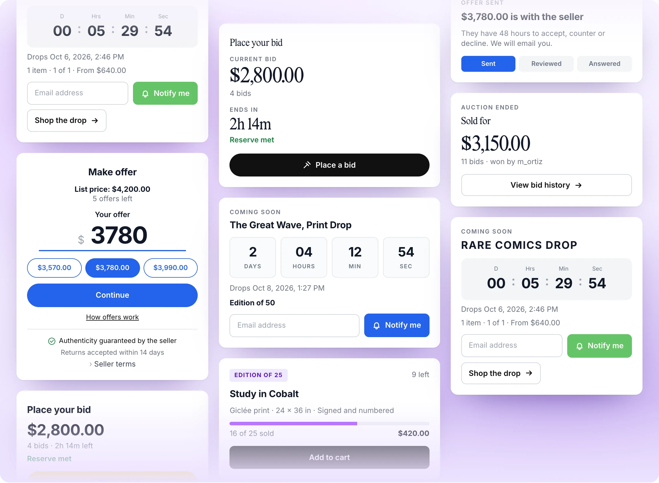 Grid of Rarity widgets: auctions, offers, drops and editions in different store styles